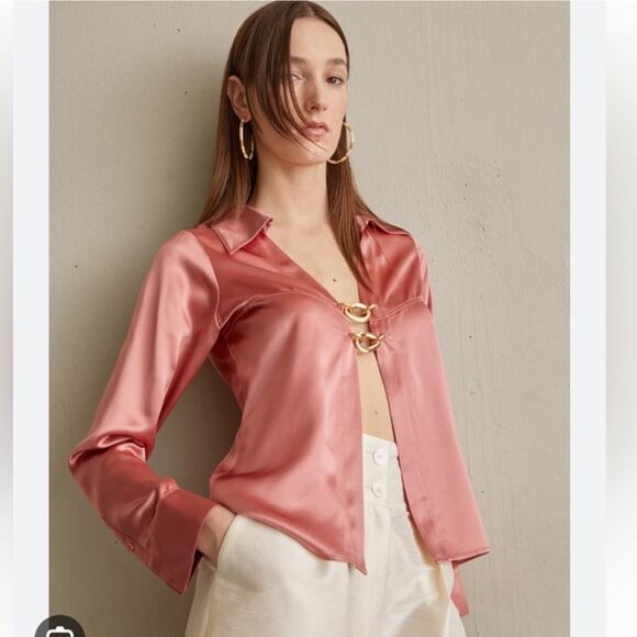 cult gaia yoona chain link gold hardware satin long sleeve blouse top medium - Picture 9 of 11